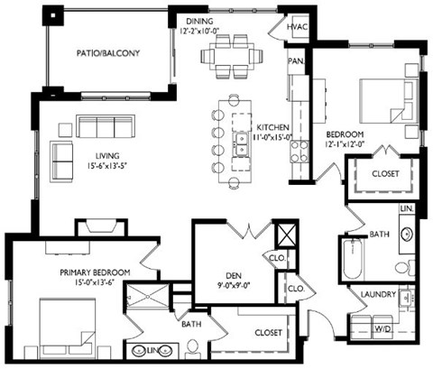 Floor plan for 2 beds, 2 baths, 1607 sqft